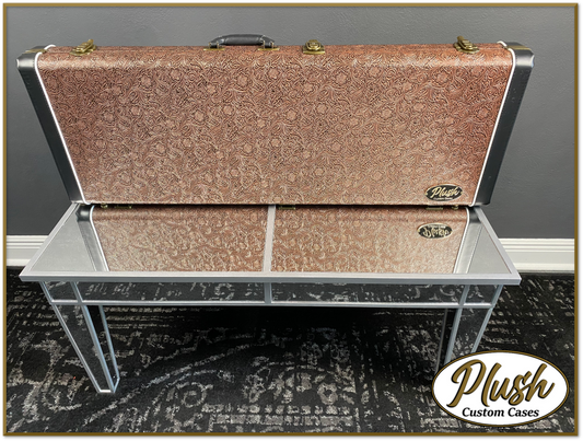 PlushCaster Tele®/Strat® Custom Guitar Case Tooled Leather Pattern 04 Black over Brown with Green Fur