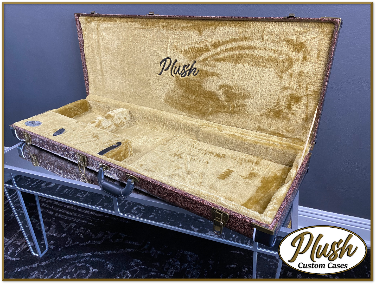 PlushCaster Tele®/Strat® Custom Guitar Case Tooled Leather Pattern 05 Black over Brown with Bronze Fur