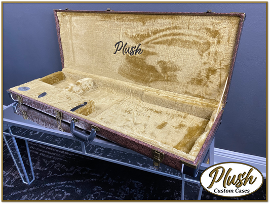 PlushMaster Jazz/Offset size Custom Guitar Case Tooled Leather Pattern 05 Black over Brown with Bronze Fur