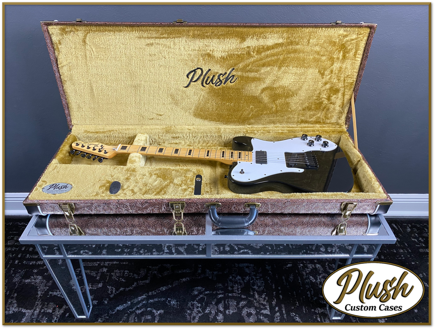 PlushCaster Tele Strat Custom Guitar Case Tooled Leather Pattern 05 Black over Brown with Bronze Fur