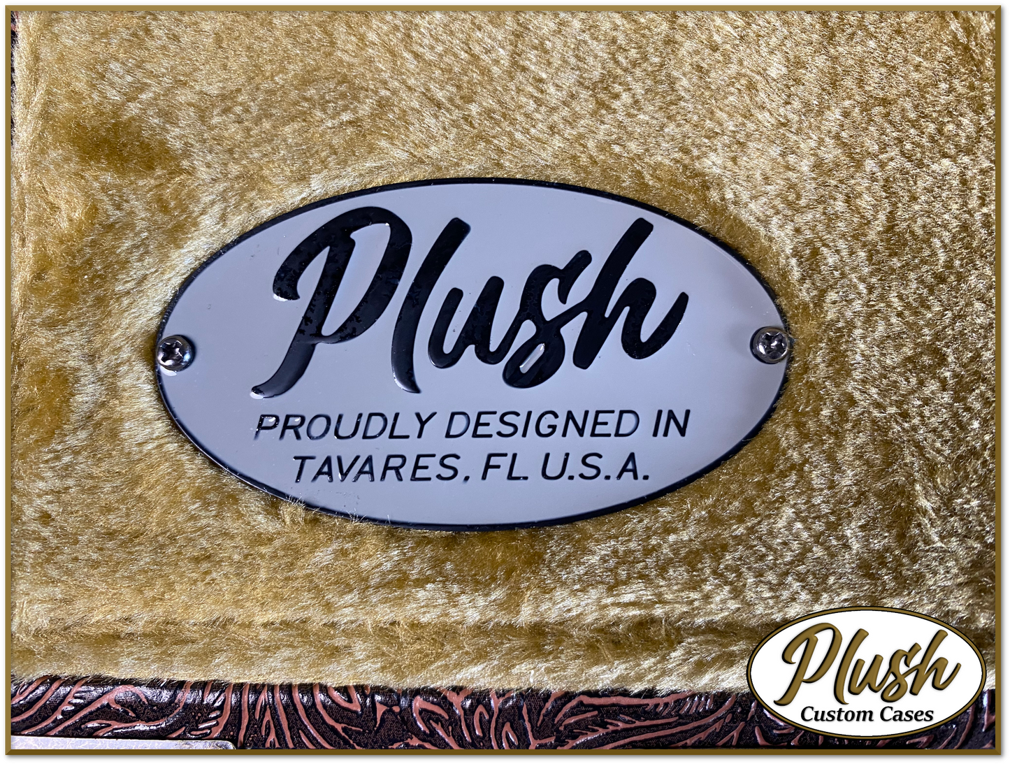 PlushCaster Tele®/Strat® Custom Guitar Case Tooled Leather Pattern 05 Black over Brown with Bronze Fur
