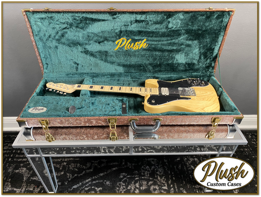 PlushCaster Tele®/Strat® Custom Guitar Case Tooled Leather Pattern 05 Black over Brown with Green Fur