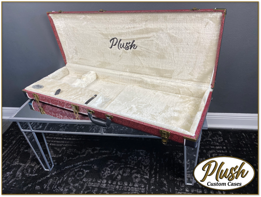 PlushMaster Jazz/Offset size Custom Guitar Case Tooled Leather Pattern 11 Black over Red with Cream Fur