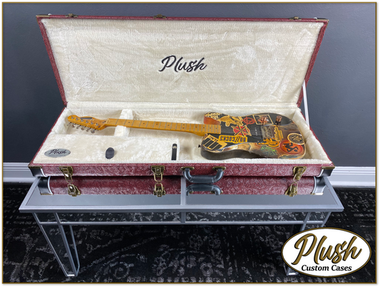 PlushCaster Tele®/Strat® Custom Guitar Case Tooled Leather Pattern 11 Black over Red with Cream Fur
