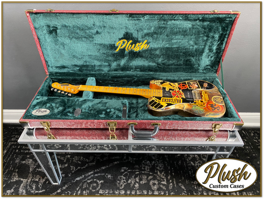 PlushCaster Tele®/Strat® Custom Guitar Case Tooled Leather Pattern 11 Black over Red with Green Fur