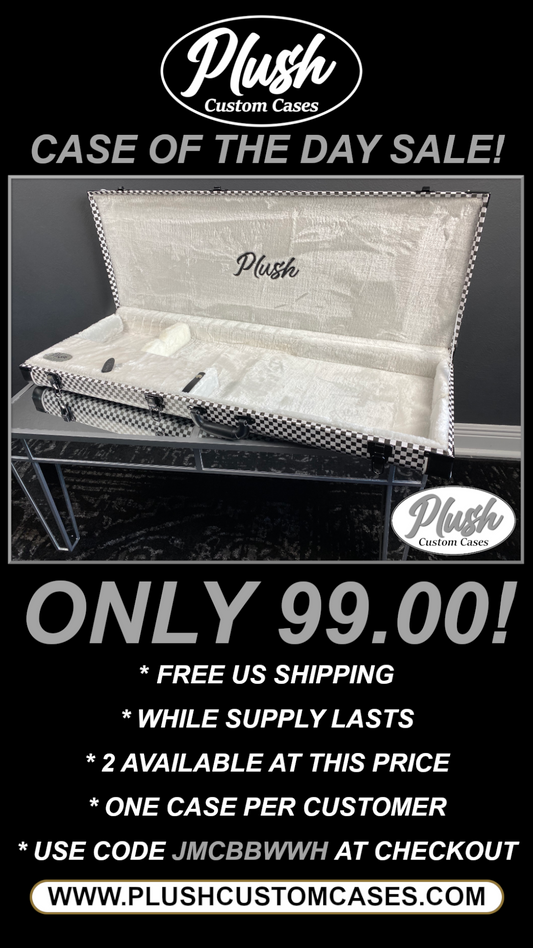 PlushMaster Jazz/Offset size Custom Guitar Case Black & White Checkerboard with White Fur