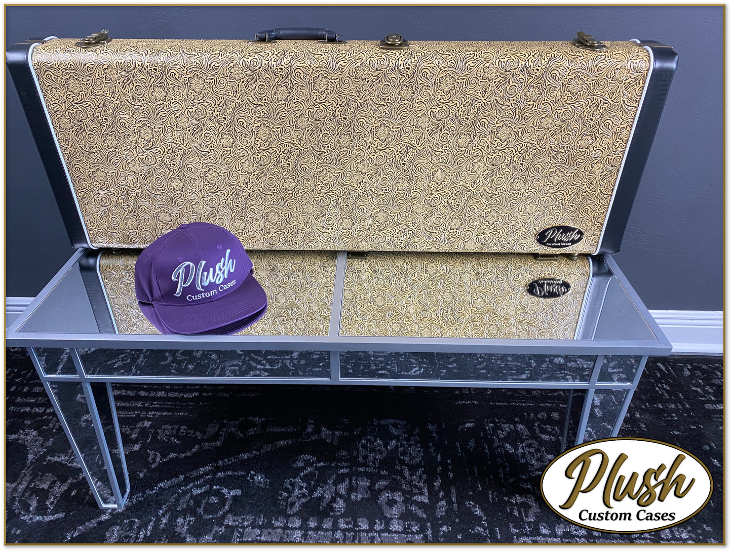 PlushCaster Tele®/Strat® Custom Guitar Case Tooled Leather Pattern 07 Black over Mustard with Cream Fur