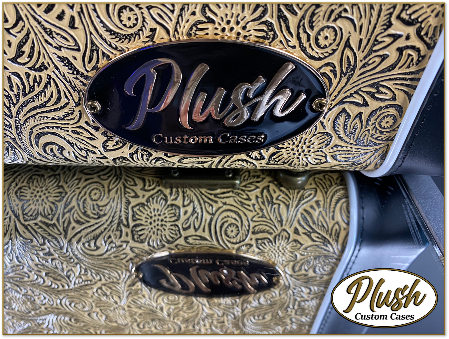 PlushCaster Tele®/Strat® Custom Guitar Case Tooled Leather Pattern 07 Black over Mustard with Cream Fur