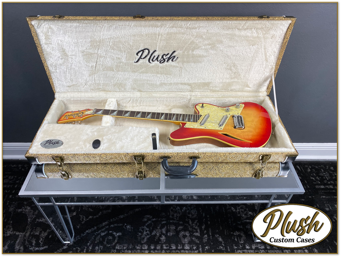 PlushCaster Tele®/Strat® Custom Guitar Case Tooled Leather Pattern 07 Black over Mustard with Cream Fur