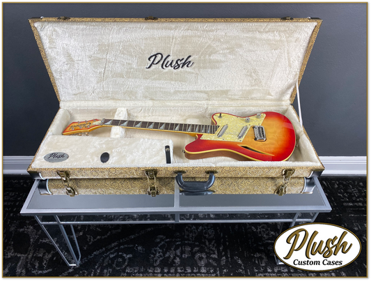 PlushCaster Tele®/Strat® Custom Guitar Case Tooled Leather Pattern 07 Black over Mustard with Cream Fur