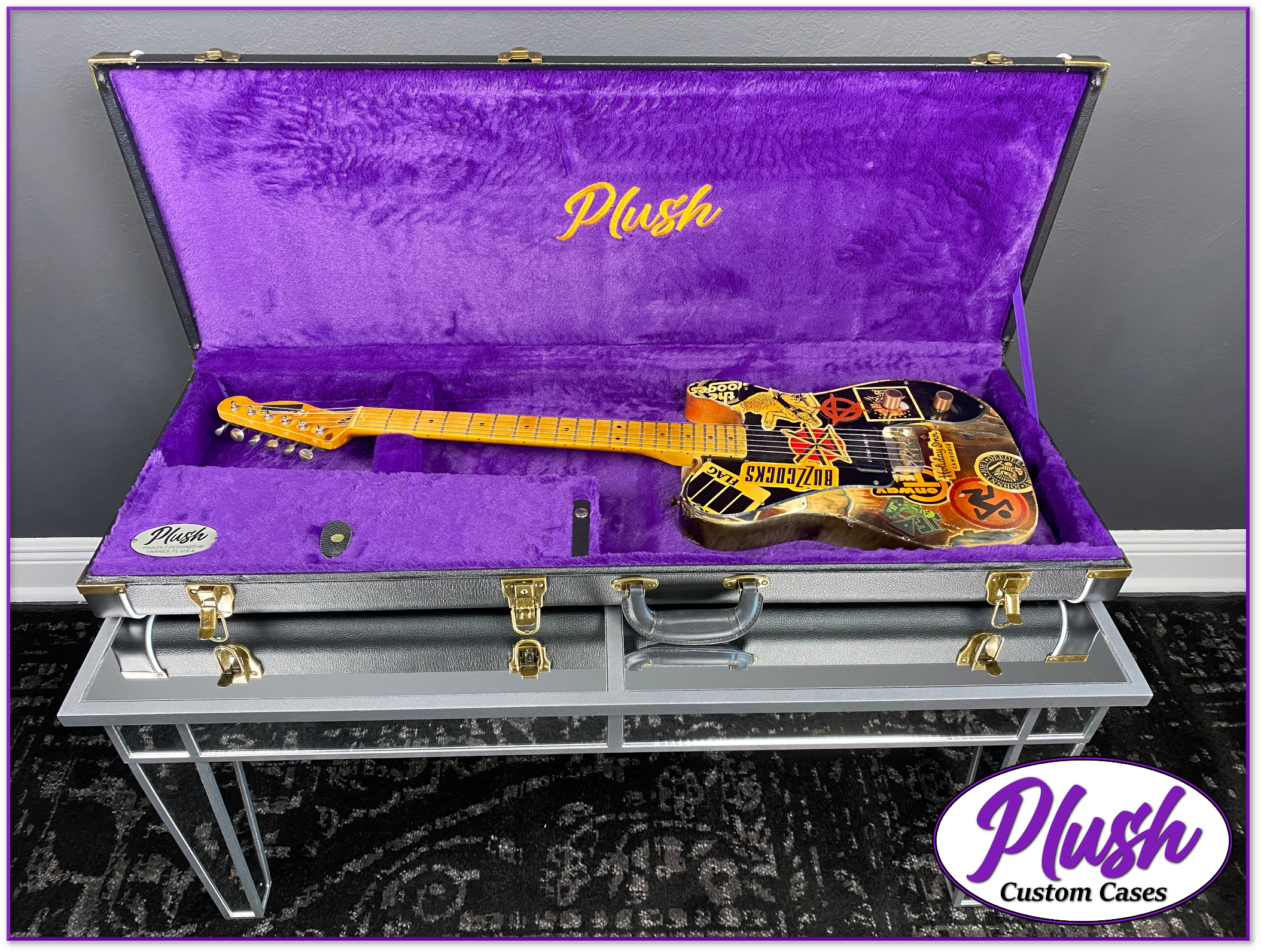 Custom Tele Case PlushCaster Tele®/Strat® Size Custom Guitar Case Black Tolex with Purp ...