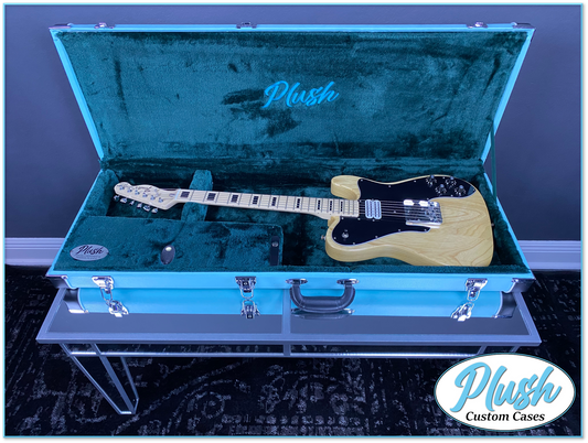 PlushCaster Tele®/Strat® Custom Guitar Case Daylight Blue Tolex with Emerald Green Fur