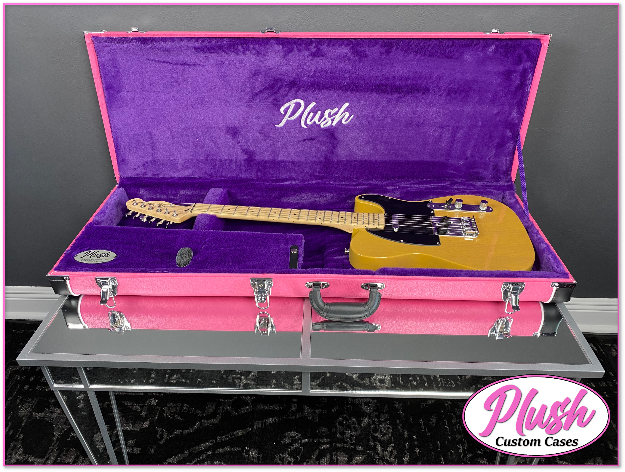 Custom Tele Case PlushCaster Tele®/Strat® Size Custom Guitar Case Pink Tolex with Purpl ...