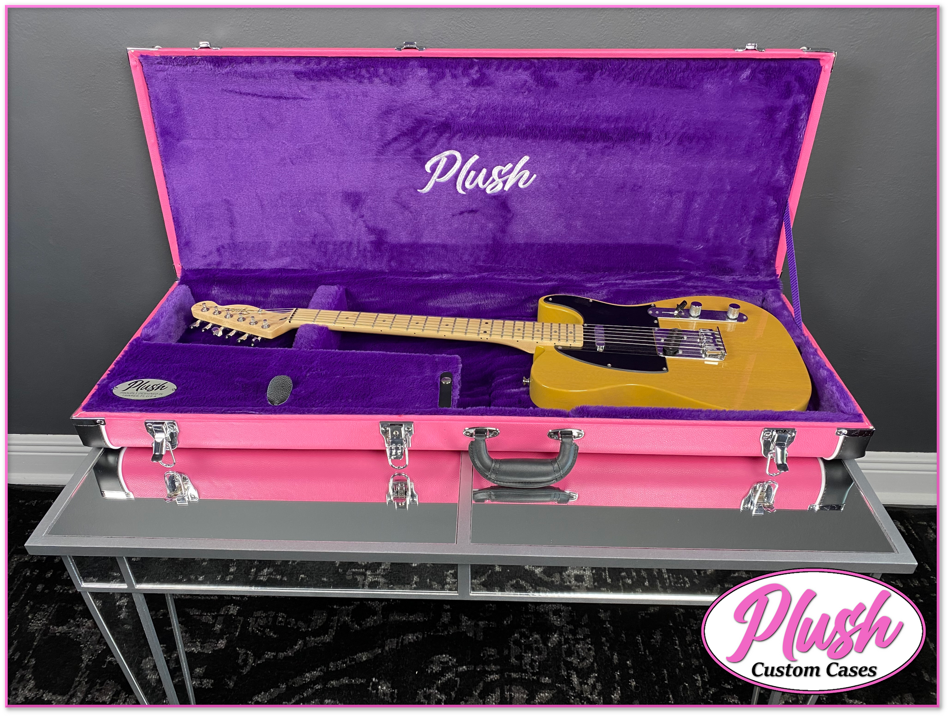 PlushCaster Tele Strat Size Custom Guitar Case Pink Tolex with Purple Fur