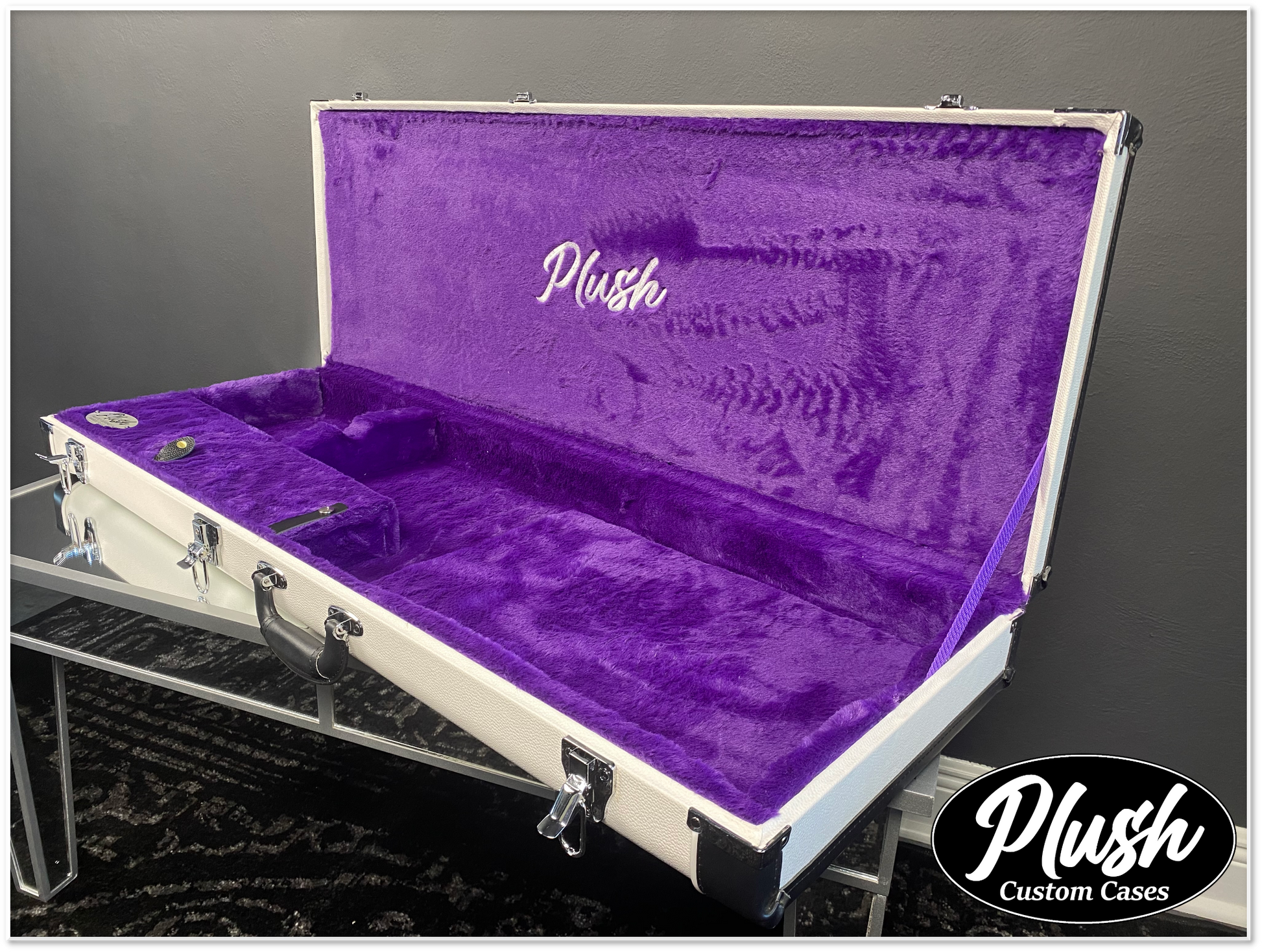 PlushCaster Tele Strat Size Custom Guitar Case White Tolex with Purple Fur